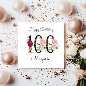 Geburtstagskarte für Sie 100 Personalisiert | Große Zahlen mit Blumen Pink | Weiblicher Name | Alles Gute zum Geburtstag Mama, Mama, Oma, Mama. anpassbar