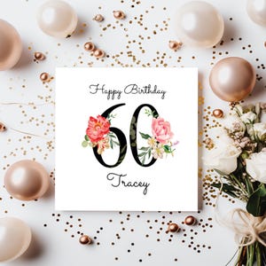 60. Geburtstagskarte für Sie | Personalisiert | Große Zahlen mit Blumen Pink | Weiblicher Name | Alles Gute zum Geburtstag Mama, Mama, Oma, Mama. anpassbar