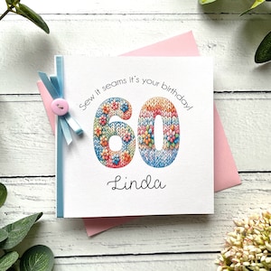 60.Geburtstagskarte mit Strick-Wortspiel. Handgefertigt. Für Sie. Häkeln Nähen Thema Geburtstagsgeschenk. Witzige Karte zum 60.Geburtstag. Personalisiert