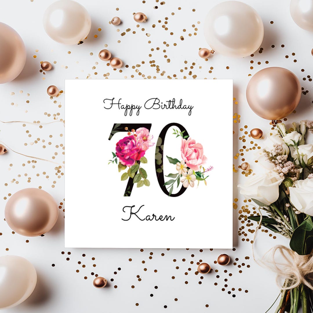 70th Birthday Card: Pink Floral Numbers, Personalised Name - Etsy UK