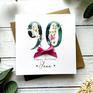 90th Birthday Card for Woman. Handmade Personalised Birthday Gift. Large Numbers with Flowers Bow and Gems. Large Number & Name. Mum, Gran