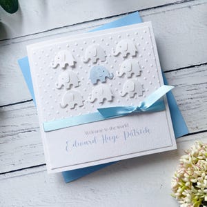 Neue Baby Boy Card personalisiert. Handgemachte Karte zur Geburt des Babys. 3D Baby Elefant Geburtskarte. Willkommen in der Welt Karte. Geburts-Details