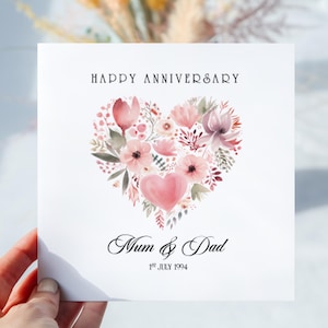 Hochzeitsjubiläumskarte, personalisiert mit Namen und Hochzeitsdatum. Wunderschönes Herz Design. Perfekt für Mama & Papa oder ein glückliches Paar.
