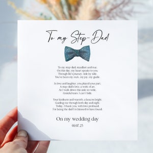 Carte de jour de mariage de beau-père. Sur ma carte de mariage pour le père de la mariée. Poème original. Style minimaliste simple, conception de nœud papillon. Enveloppe