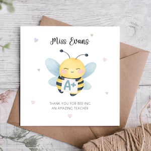 Lehrer-Dankeschön-Karte, personalisiert. Niedliches Bienen Design. Ende der Schulbegriff-Karte. Handgemacht und Individualisierbar. Lehrer oder Lehrling