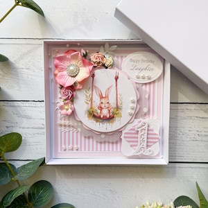 Erste Geburtstagskarte für Tochter/Enkelin | Hasen-Thema Thema | 3D Blumen | Spezielle Box-Karte | Mädchen | Personalisiert