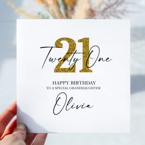 Carte d'anniversaire de petite-fille. Carte d'anniversaire personnalisée spéciale petite-fille. Cadeau du 21e anniversaire. Chiffres scintillants imprimés