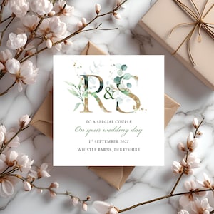 Monogrammierte Hochzeitskarte. Personalisiert mit Initialen, Hochzeitsdatum und Ort. Besondere Hochzeitskarte. Individuelle Karte mit Monogramm