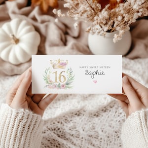 Sweet Sixteen Geldbeutel für Bargeld Geburtstagsgeschenk. Karte für Tochter, Enkelin, Nichte. Personalisierte Vorderseite und Innenseite. Geld Umschlag.