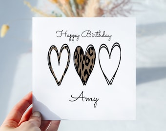 Personalised Leopard Print Heart Birthday Card for Her