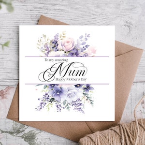 Muttertagskarte. Hübsche lila Blumenkarte für Mama. Innen leer oder personalisierte Nachricht. Schlichtes, hübsches Design mit Kraft Umschlag.