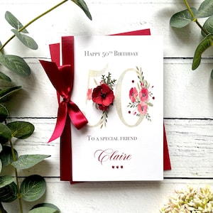 Carte 50e anniversaire pour elle. Carte d'anniversaire personnalisée pour soeur, fille, maman. Coquelicot fait main, jolie carte d'anniversaire florale pour elle
