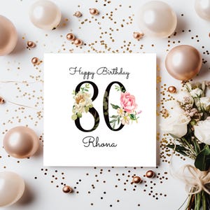 80.Geburtstagskarte für Sie | Personalisiert | Große Zahlen mit Blumen Pink | Weiblicher Name | Alles Gute zum Geburtstag Mama, Mama, Oma, Mama. anpassbar