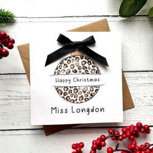 Teacher Christmas Card. Funky Leopard Print Xmas Card. Teacher, teaching assistant or name. Personalised inside. Hand finished with a bow