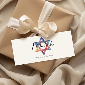 Bar Mitzvah Geschenk Geld Brieftasche für Bargeld. Personalisiert auf der Vorderseite und auf der Innenseite. Geld-Umschlag, Gutscheinbörse. Davidstern Design.