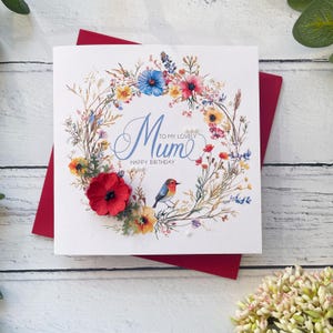 Mama Geburtstagskarte. Hübsche Blumenkarte zum Geburtstag für Mama, Mama oder Mama. Handgefertigtes besonderes Geschenk mit Papiermohn- & Vogel-Design.