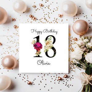 18. Geburtstagskarte für Sie | Personalisiert | Alter mit Blumen Rosa | Weiblicher Name | Happy Birthday Schwester, Tochter, Alter anpassbar.