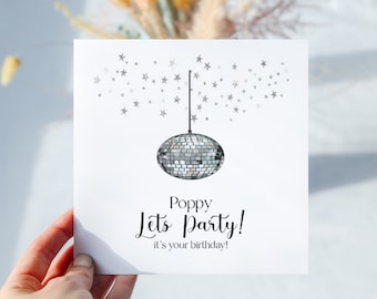 Birthday Card Personalised. Glitter Ball Design. Let's party. Disco Design.  Funky Greetings Card. Blank Inside. Includes Kraft Envelope.