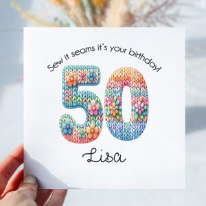 50. Geburtstagskarte mit Strickspiel. Geburtstagskarte für Sie. Häkeln Nähen Thema Geburtstagsgeschenk. Lustige 50er Jahre Geburtstagskarte. Personalisiert