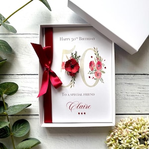 Carte 50e anniversaire pour elle. Carte d'anniversaire personnalisée. Coquelicot rouge fait main, jolie carte d'anniversaire florale pour 50 ans. Maman Sœur Amie