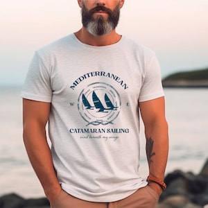 Vintage sailing T-shirt with catamaran for men and women, gift idea for sailors, nautical clothing, water sports and beach apparel