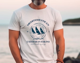 Vintage sailing T-shirt with catamaran for men and women, gift idea for sailors, nautical clothing, water sports and beach apparel