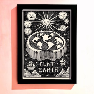 Impression d'art A3 et A4 illustrée Terre plate | Art mural fantastique | Illustration en noir et blanc | Par rosiesharvilledraws