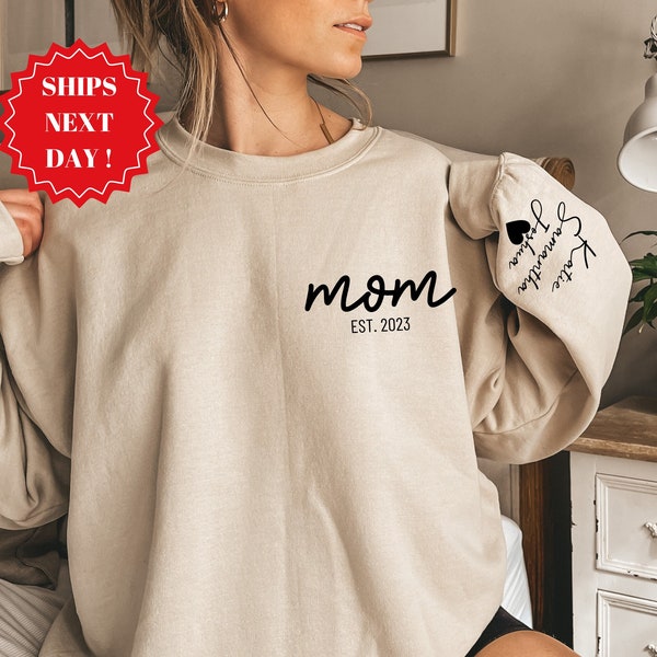 Personalized Mama Sweatshirt with Kids Names Sleeve, Custom Momma Sweater, Est Date Mom Sweatshirt, Gift for Mother, Childs Names on Sleeve