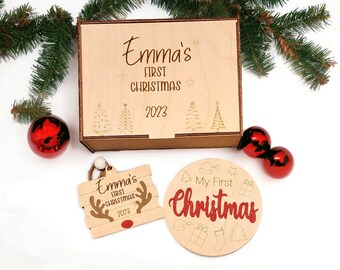 Baby's First Christmas, Gift Set, 2023 Personalized Ornament, My First Christmas Milestone, Wooden Keepsake Box, Custom Engraved, Gift Box