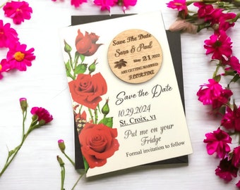 Golden Rose Save the Date Card, Save the Date, Floral Save the Date Magnet, Wooden Save the Date, Rustic Wedding, Heart Save the Date Magnet
