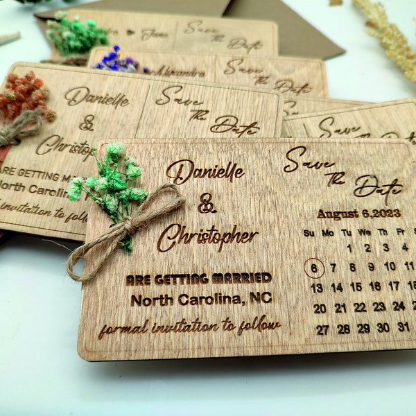 Personalized Calendar Magnet, Wood Natural Save the Date, Unique Save the Date, Fridge Magnet, Free kraft Envelope, Laser cut Engraved