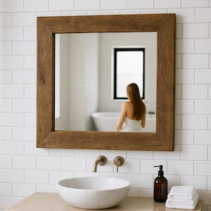 Rustic Reclaimed Oak Mirror | Square Farmhouse Wall Mirror | Handmade Wooden Vanity Mirror for Bathroom or Entryway Decor
