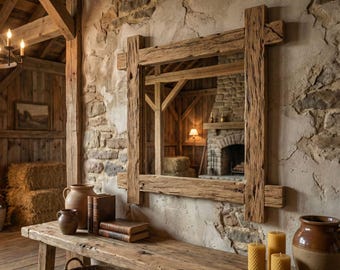 Reclaimed Wood Rustic Wall Mirror, Vintage Wooden Mirror, Farmhouse Bathroom Mirror, Antique Style Entryway Mirror