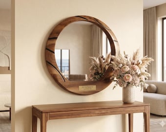 Espejo redondo de madera de nogal, espejo de pared rústico moderno, espejo con revestimiento de epoxi hecho a mano, espejo de madera de lujo, placa grabada a medida.