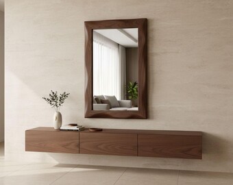 Espejo de pared de nogal, espejo con marco de madera, espejo rectangular moderno, espejo de entrada, decoración minimalista para el hogar.