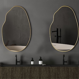 Wavy Asymetric Wall Mirror , Minimalist Wall Mirror - Capsule Mirror - Elegant Oval Mirror - Available in Six Frame Colors , Gold Mirror.
