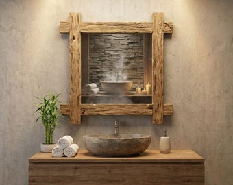 Espejo de madera reciclada, espejo rústico de granja, espejo de baño hecho a mano, espejo con marco de madera, decoración de pared natural