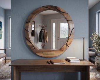 Specchio rotondo in noce, specchio da parete in legno, specchio moderno per l'ingresso, grande specchio rotondo, arredamento minimalista per la casa