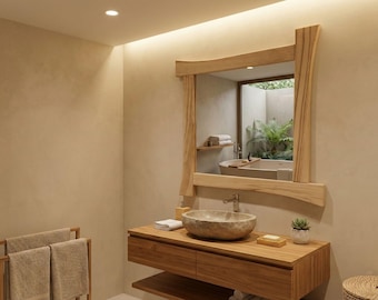 Handmade Solid Wood Bathroom Mirror – Rustic Natural Wooden Frame Wall Mirror, Minimal Modern Home Mirror Decor, Vanity Mirror