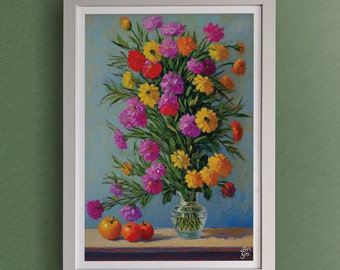 Bright Bouquet of Flowers in Vase : Giclée Art Print (Still Life Style A3) available Print Only