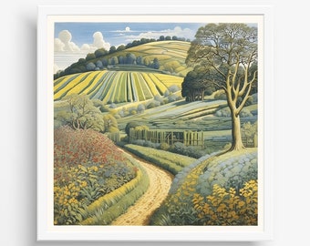 May include: A painting of a winding dirt road leading through a lush green valley with rolling hills in the background. The hills are covered in yellow and green fields, and there are trees scattered throughout the landscape.
