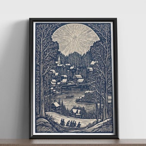 Moonlit Christmas Village : Giclée Art Print (Wood Cut Style Limited Edition) available Print Only