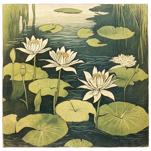 Pond Lillies : Woodprint style Giclée Limited Edition Art Print (Size 25x25cm)
