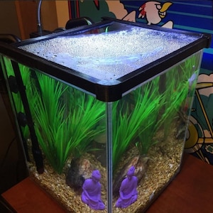 Puede incluir: Un acuario cuadrado transparente con marco negro, lleno de plantas artificiales verdes, grava y dos estatuas de Buda moradas. El tanque está iluminado desde arriba y tiene un sistema de filtración. El acuario está sobre una superficie de madera.