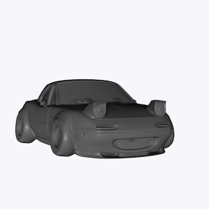May include: A gray sports car with pop-up headlights and a low profile. The car has a sleek design with rounded features and a spoiler. The vehicle is set against a plain white background.