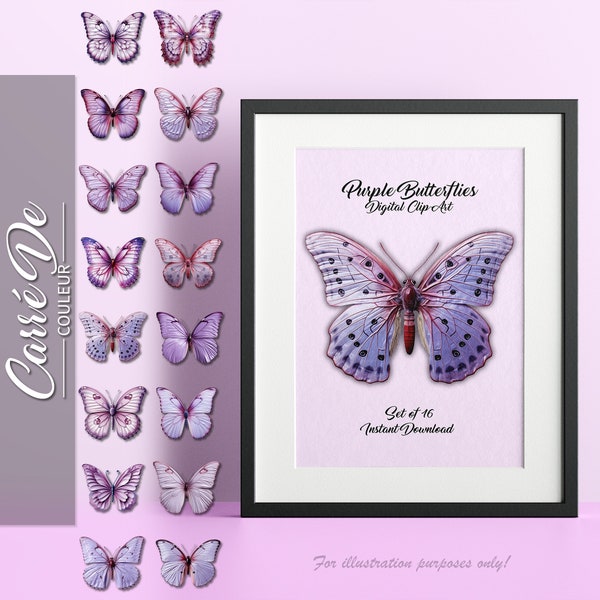 Purple Butterflies, 16 High Quality PNG Digital Download - Magenta Tone Abstract Printable Wall Art, Modern Home Decor, Lilac Lavender