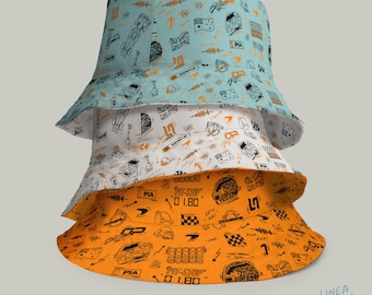 Reversible McLaren F1 Bucket Hat – Doodle Print | Breathable Fabric | McLaren Hat Formula 1 Inspired – Racing Doodle Style