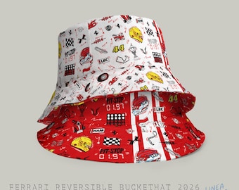 Reversible Ferrari F1 Bucket Hat – Doodle Print | Breathable Fabric | Scuderia Ferrari Hat Formula 1 Inspired – Racing Doodle Style