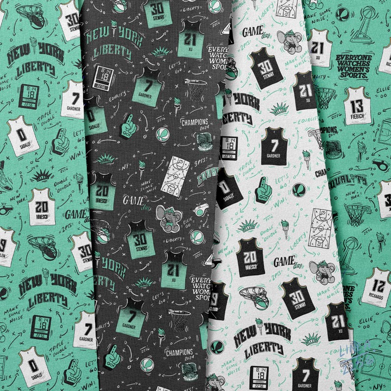 Puede incluir: Patr&oacute;n repetido con ilustraciones de baloncesto en verde azulado, negro y blanco. El dise&ntilde;o incluye camisetas con n&uacute;meros, balones de baloncesto y texto como "New York Liberty" y "Game".