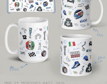 May include: Three white ceramic mugs featuring Formula 1 themed illustrations including racing helmets, tires, checkered flags, and the text KA12. The mugs are labeled with capacities of 11oz, 15oz, and 20oz, showcasing various racing icons and symbols.